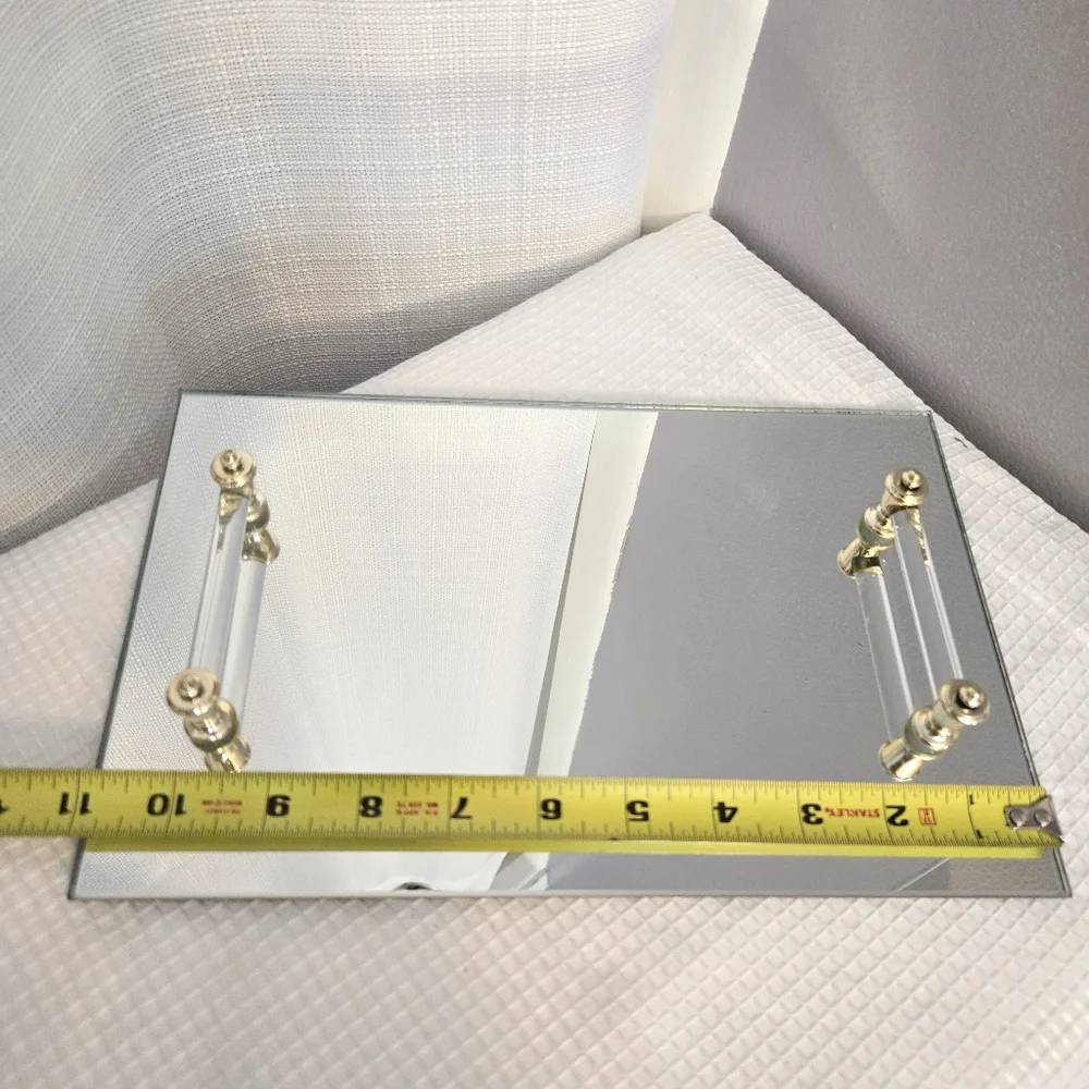 Vtg Mirrored Vanity Dresser Tray Lucite/Glass Handled Gold Accent Retro Bathroom